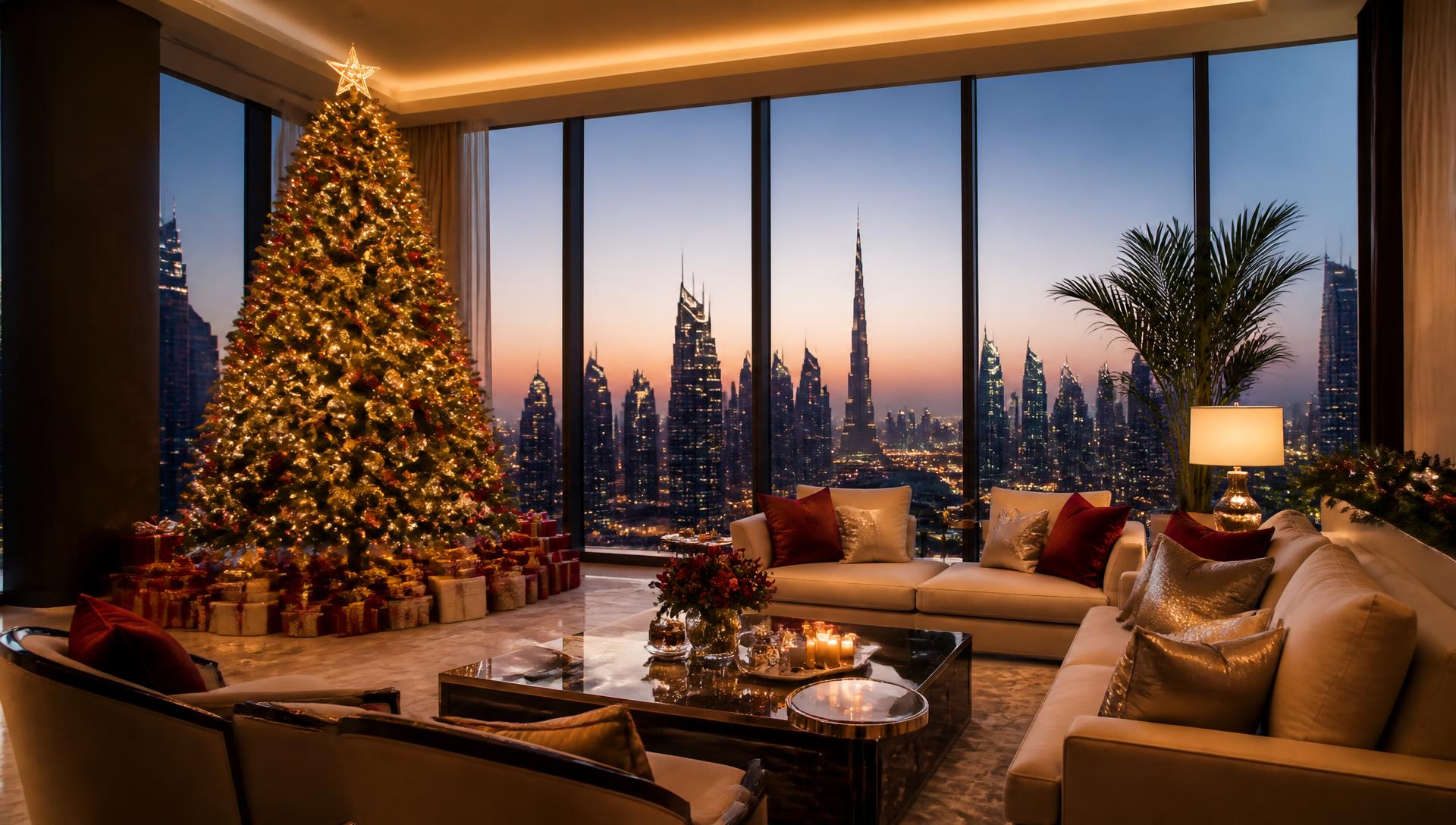 Luxury Christmas decoration in a Dubai apartment with city skyline view